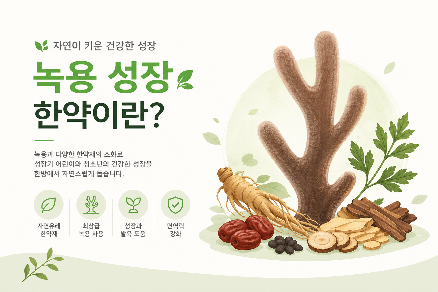 성장판 구조를 설명하는 과학적 인포그래픽 또는 뼈 성장 원리를 보여주는 밝은 일러스트 녹용 성장 이미지