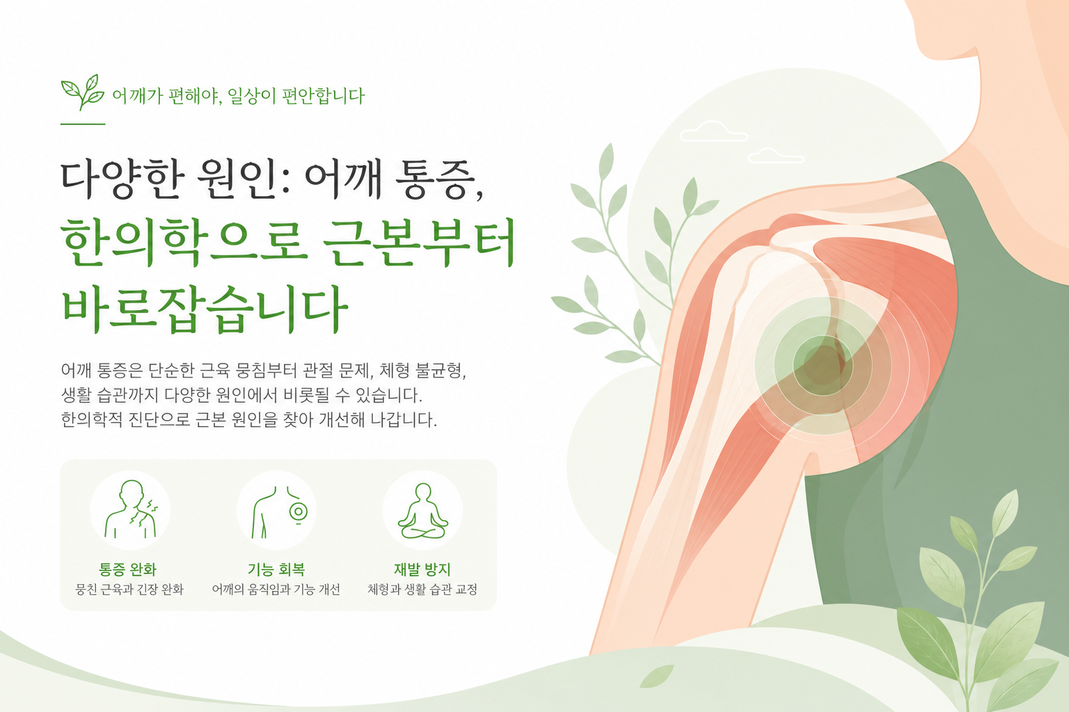 FAQ 섹션 대표 이미지 — 어깨를 부여잡고 있는 중년 환자와 한의사가 상담하는 일러스트. 친근하고 안심되는 분위기. 회전근개 PDRN 주사 이미지