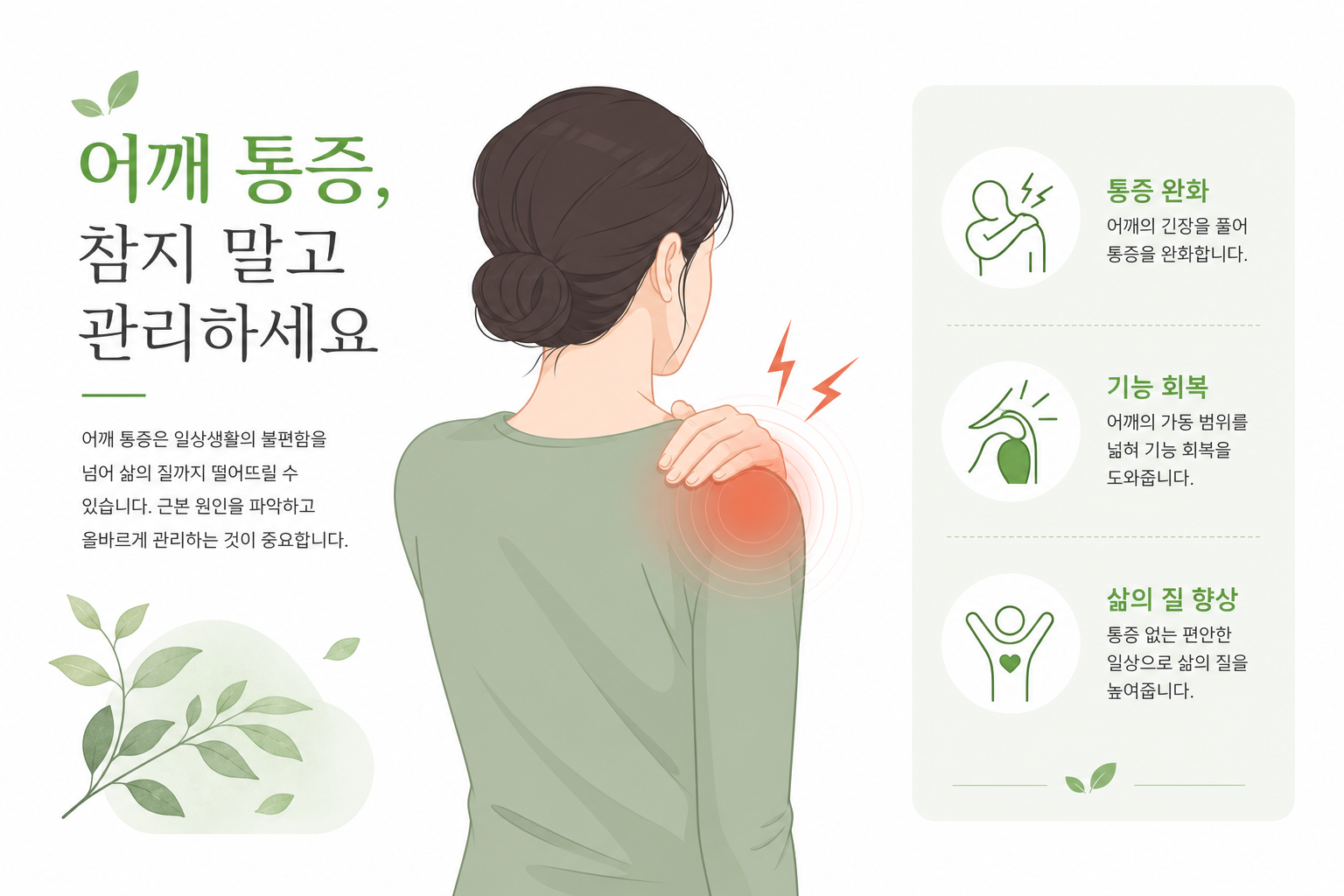 사람이 어깨 통증으로 고민하며 스마트폰으로 검색하는 일러스트. FAQ 느낌이 나도록 물음표 아이콘 활용. 어깨 통증 운동 이미지