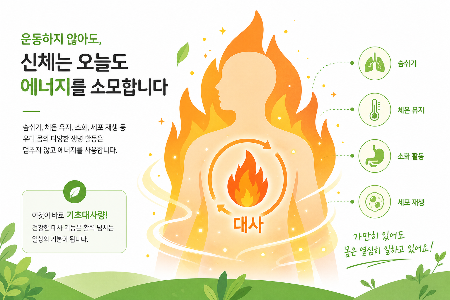 다이어트 한약, 정말 살이 빠질까? 식욕 억제·포만감·기초대사량의 원리 운동하지 않아도 신체가 에너지를 소모하는 개념을 불꽃·대사 이미지로 표현한 밝고 활기찬 일러스트 이미지