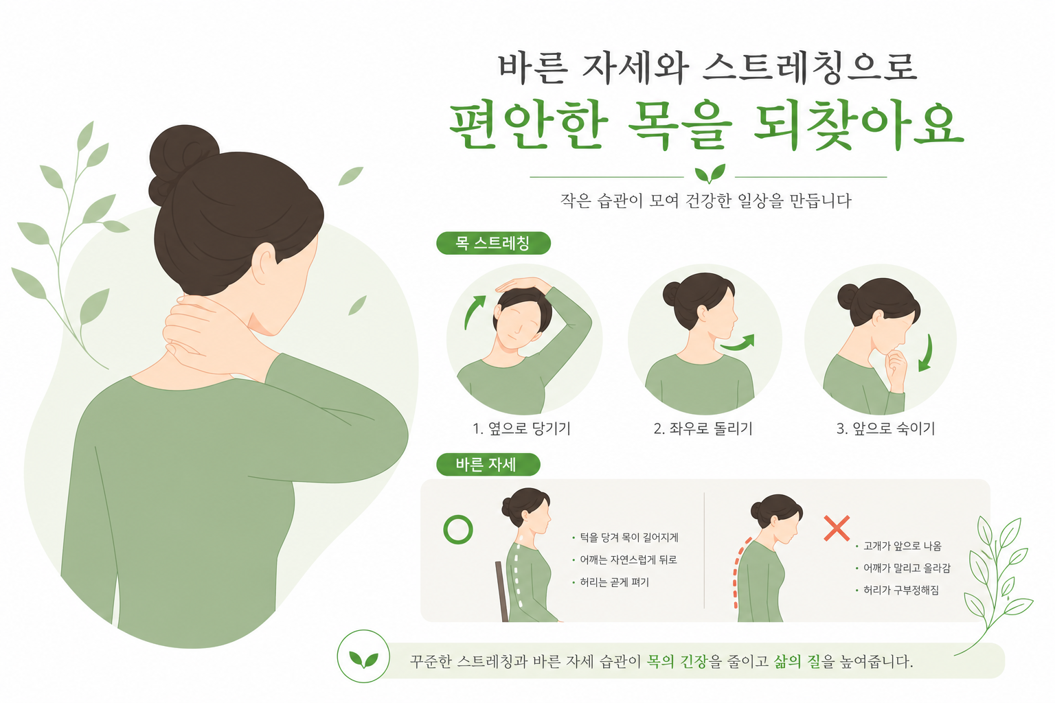 목 건강 관리 생활 습관을 표현한 이미지. 올바른 목 자세, 스트레칭 동작을 보여주는 깔끔한 일러스트. 이미지