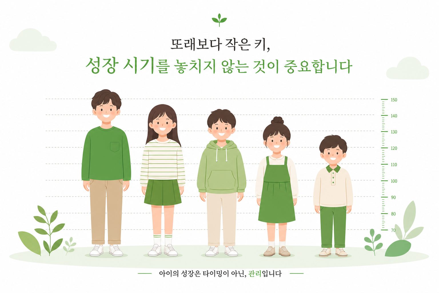 또래 아이들이 나란히 서 있는 모습. 키 차이가 시각적으로 드러나는 일러스트 스타일. 소아 성장치료 이미지