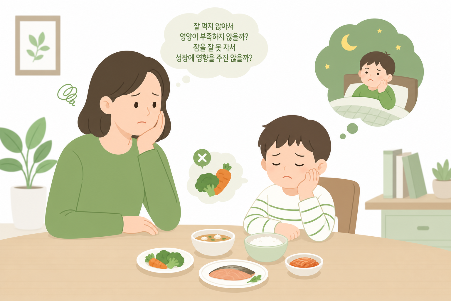 아이가 밥상 앞에서 편식하거나 잠 못 자는 모습을 표현한 일러스트. 걱정스러운 엄마의 모습 포함. 소아 성장치료 이미지
