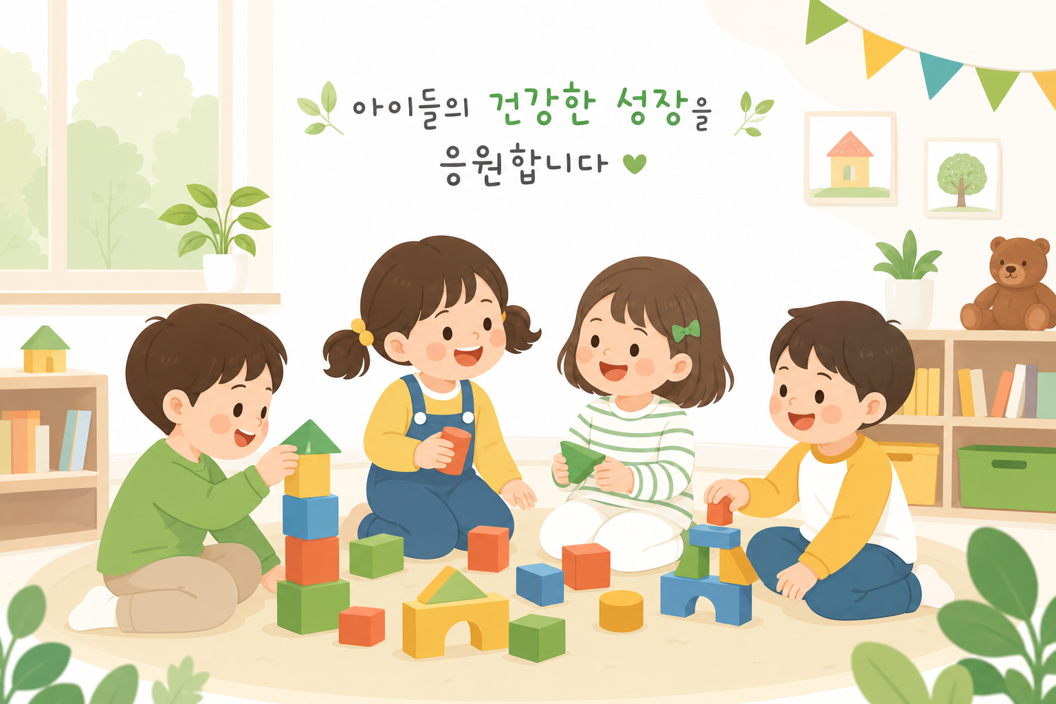 어린이집에서 친구들과 함께 있는 아이들 모습, 밝고 따뜻한 일러스트 아이 면역력 한약 이미지