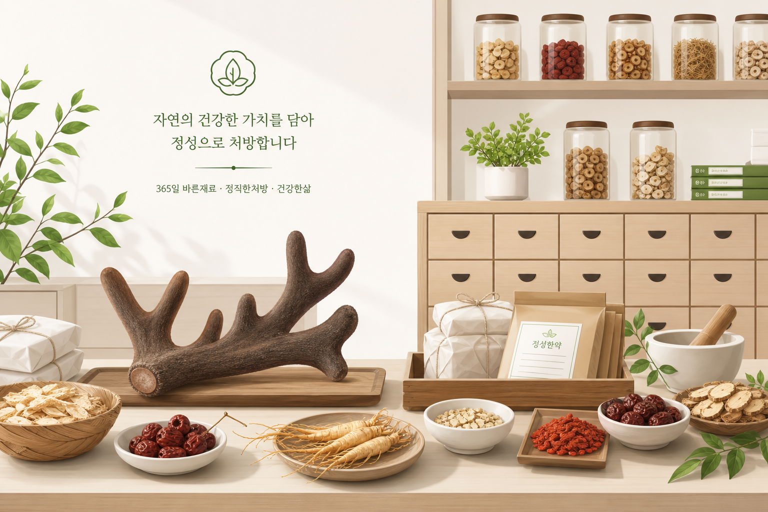 녹용을 비롯한 한약재가 놓인 한의원 조제 공간 이미지, 신뢰감 있는 톤 아이 면역력 한약 이미지