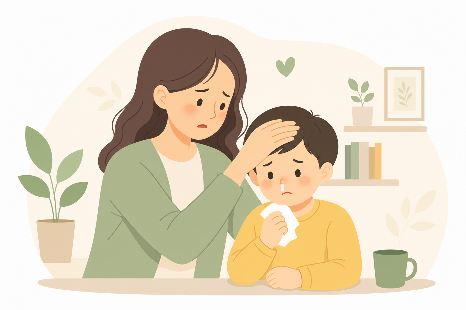 콧물 훌쩍이며 이마에 손을 얹은 채 걱정스러운 표정의 학부모와 아이 일러스트, 따뜻한 색감 아이 면역력 한약 이미지