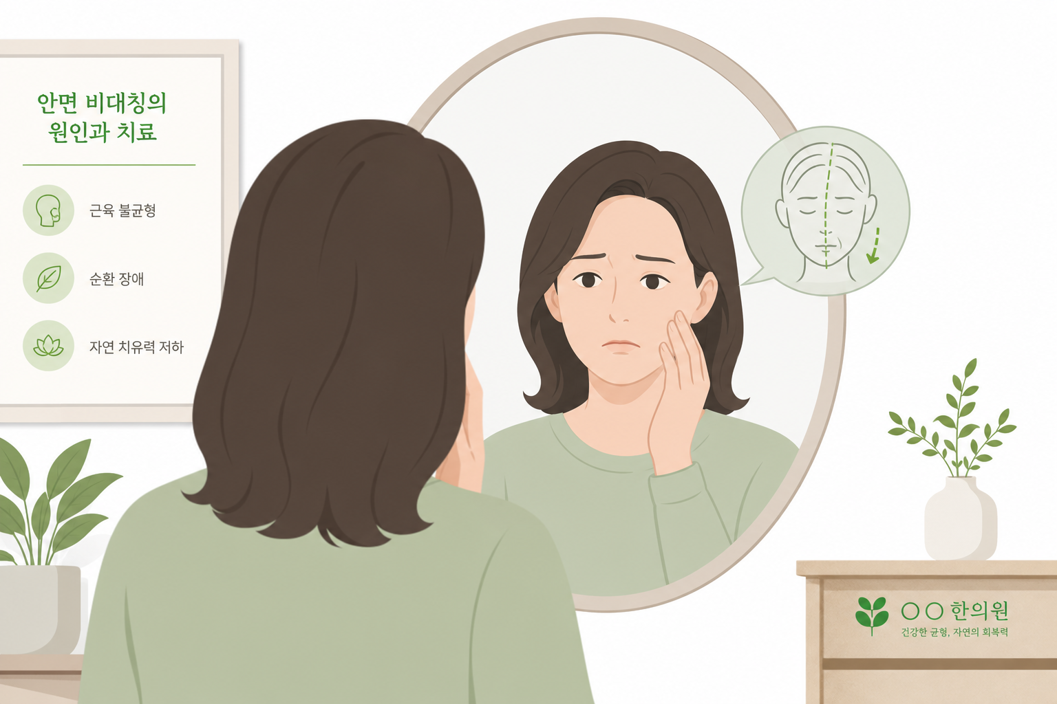 안면마비 한의원 치료, 스테로이드 이후가 중요한 이유 거울을 보며 얼굴 한쪽이 처진 것을 확인하는 30~40대 사람의 일러스트, 걱정스러운 표정, 병원/한의원 느낌의 차분한 톤 안면마비 한의원 치료 이미지