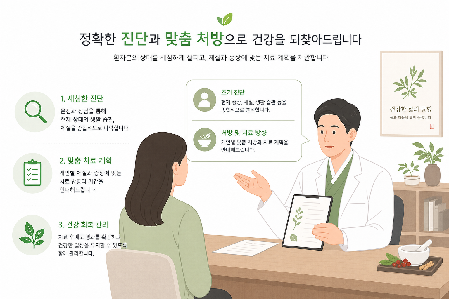 안면마비 한의원 치료, 스테로이드 이후가 중요한 이유 병원에서 의사가 환자에게 초기 진단 및 처방을 설명하는 장면, 신뢰감 있는 임상 느낌 안면마비 한의원 치료 이미지