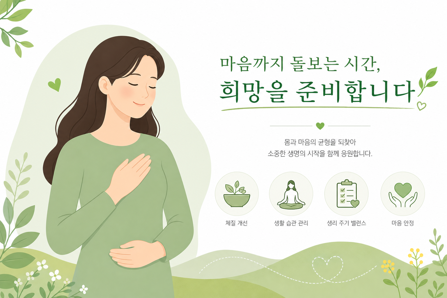 시험관아기 한약 병행, 준비 중이라면 알아둘 점 시험관아기를 준비하며 몸 상태를 챙기는 여성의 따뜻하고 희망적인 일러스트 시험관아기 한약 병행 이미지