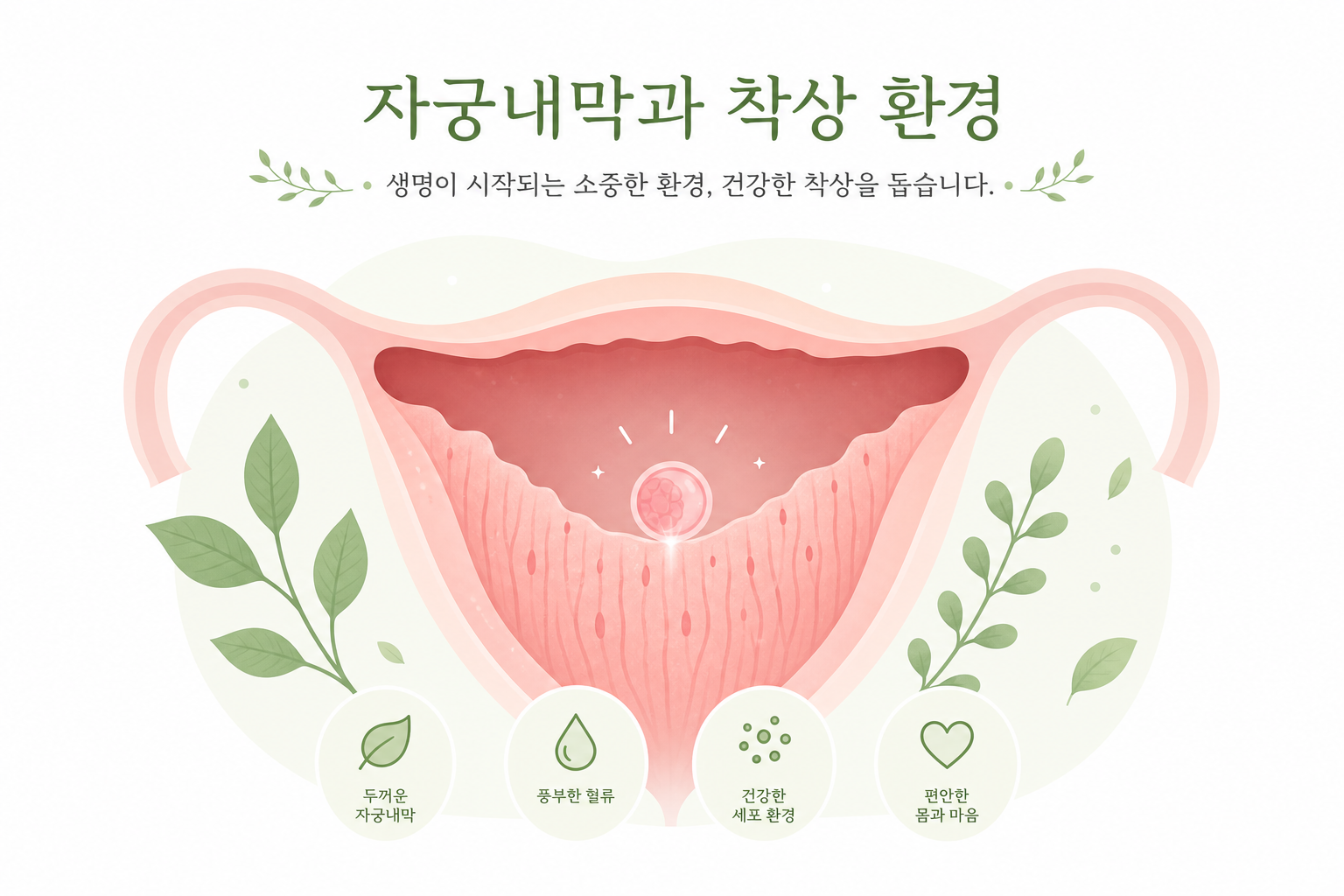 시험관아기 한약 병행, 준비 중이라면 알아둘 점 자궁내막과 착상 환경을 부드럽게 표현한 개념적 일러스트 (의학적으로 과장되지 않은 톤) 시험관아기 한약 병행 이미지