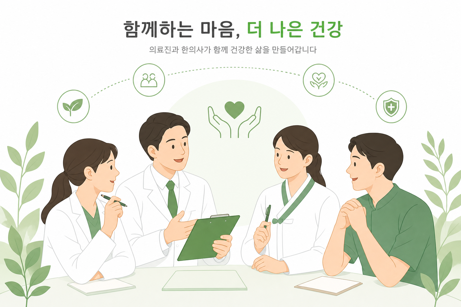 시험관아기 한약 병행, 준비 중이라면 알아둘 점 의료진과 한의사가 함께 소통하며 환자를 돕는 협업 이미지를 부드럽게 표현한 일러스트 시험관아기 한약 병행 이미지