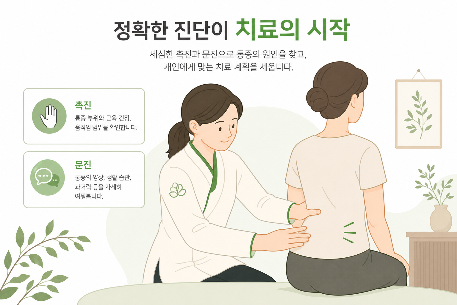 한의원에서 허리 상태를 촉진·문진으로 확인하는 초기 검진 장면 일러스트 교통사고 후 허리 통증 이미지
