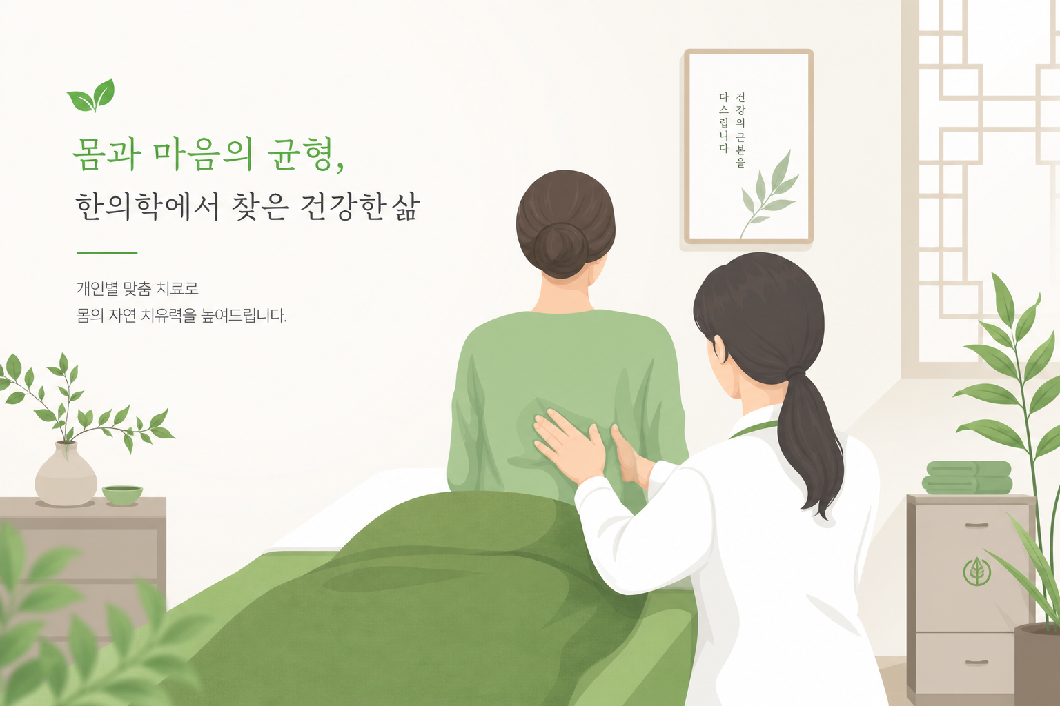 한의원 진료실에서 편안하게 치료받는 뒷모습 일러스트, 브랜드 그린 톤 허리디스크 침 치료 효과 이미지