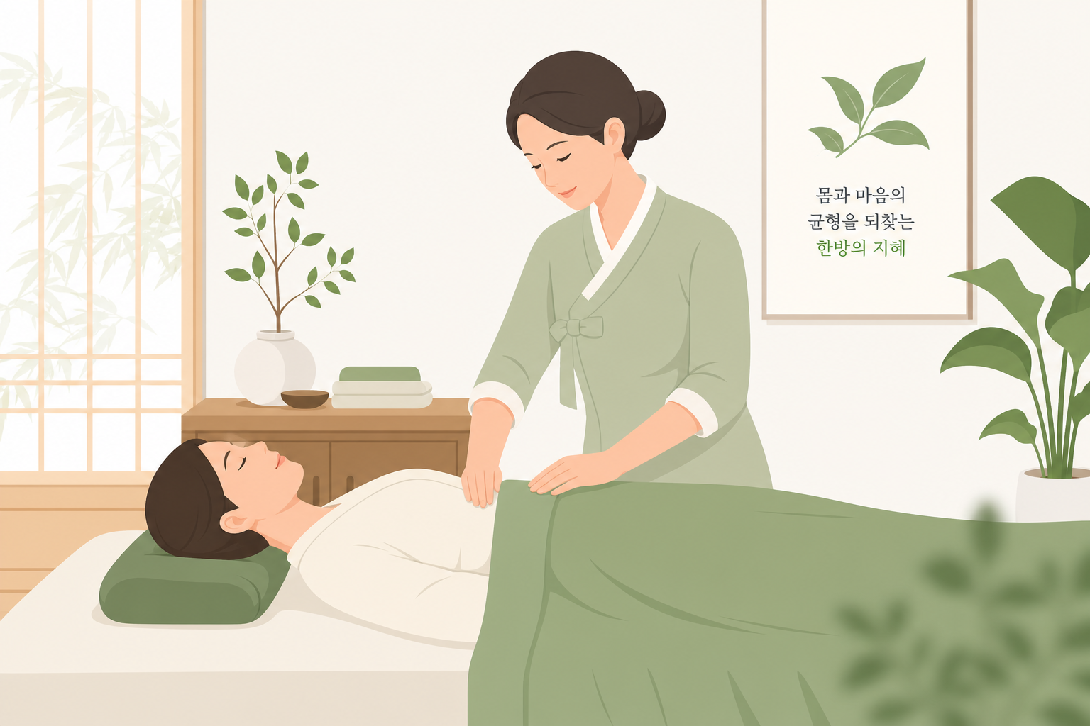 한의원에서 편안하게 치료받는 모습을 표현하는 따뜻한 톤의 일러스트(구체적 시술 장면 묘사는 지양) 교통사고 후유증 이미지