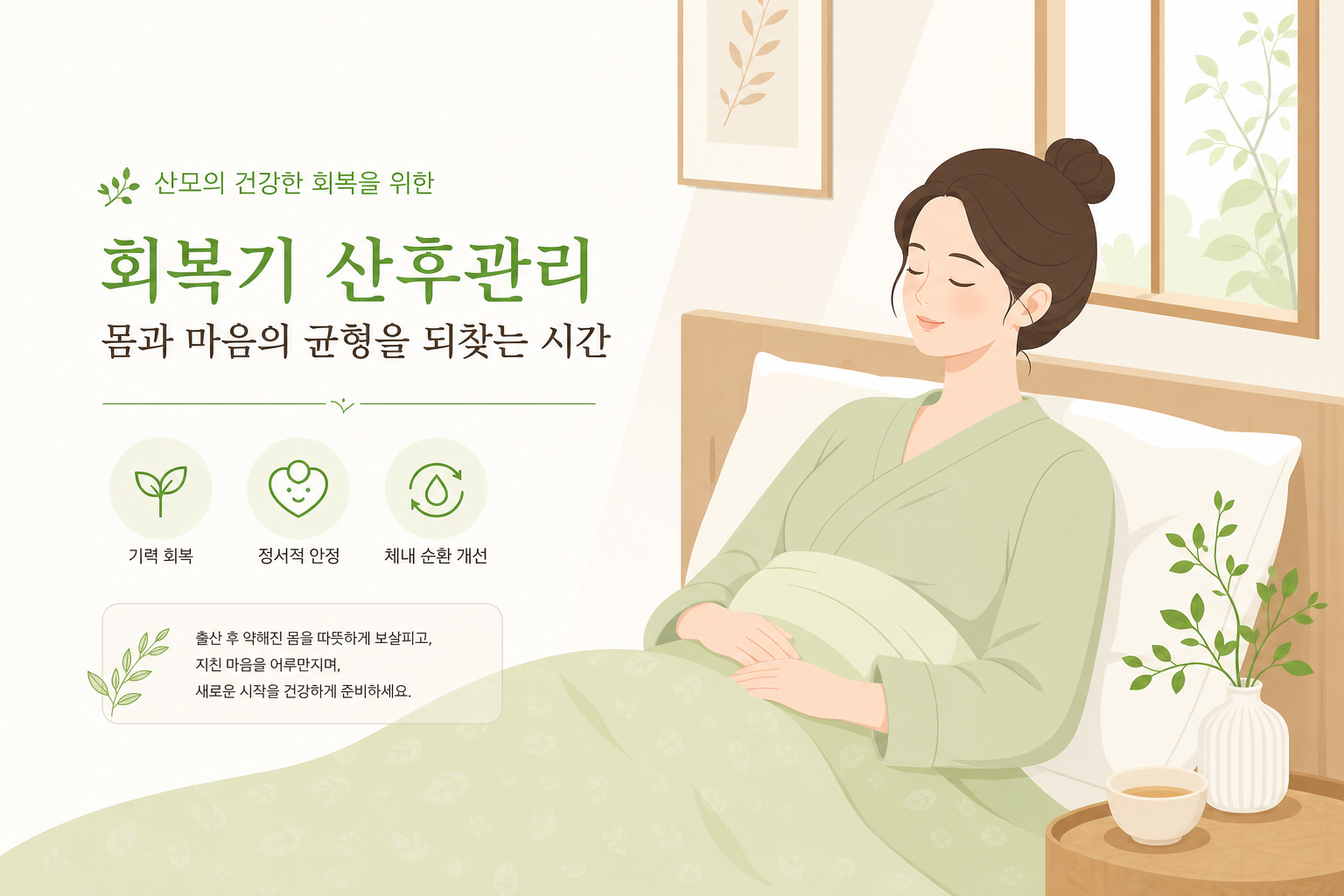 산후보약, 언제 먹어야 할까요? 관절통·면역력 저하·기력 저하로 살펴보는 복용 시기 산후 회복기 산모가 편안히 쉬는 따뜻한 분위기 산후보약 이미지