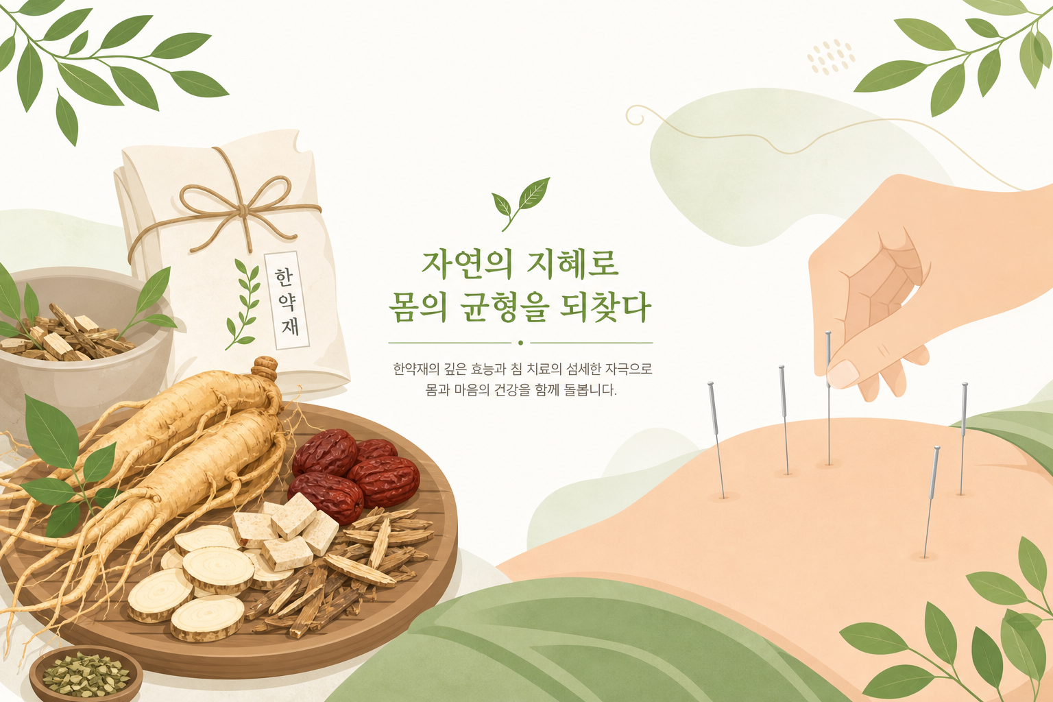 만성 어깨 통증, 초음파가이드 액와신경 약침 치료가 도움될까요 한약재와 침 치료 이미지를 함께 배치한 따뜻한 톤의 일러스트, 자연 소재 느낌 강조 액와신경 약침 치료 이미지