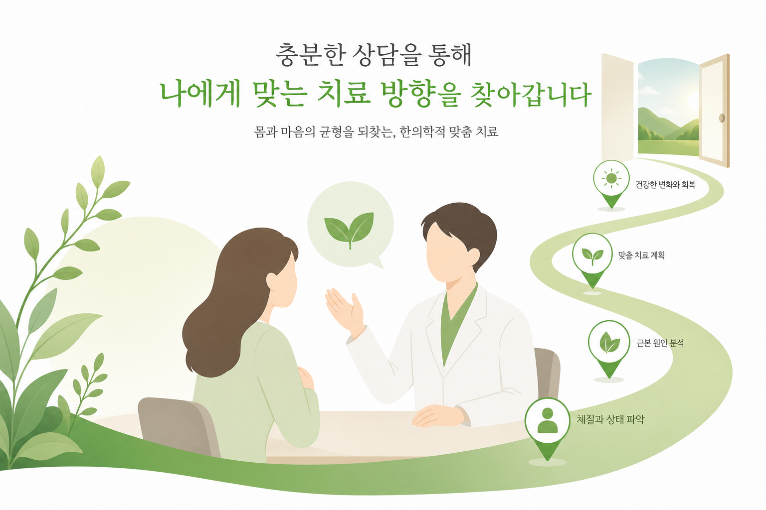 만성 어깨 통증, 초음파가이드 액와신경 약침 치료가 도움될까요 상담을 통해 자신에게 맞는 치료 방향을 찾아가는 느낌의 밝고 희망적인 일러스트 액와신경 약침 치료 이미지