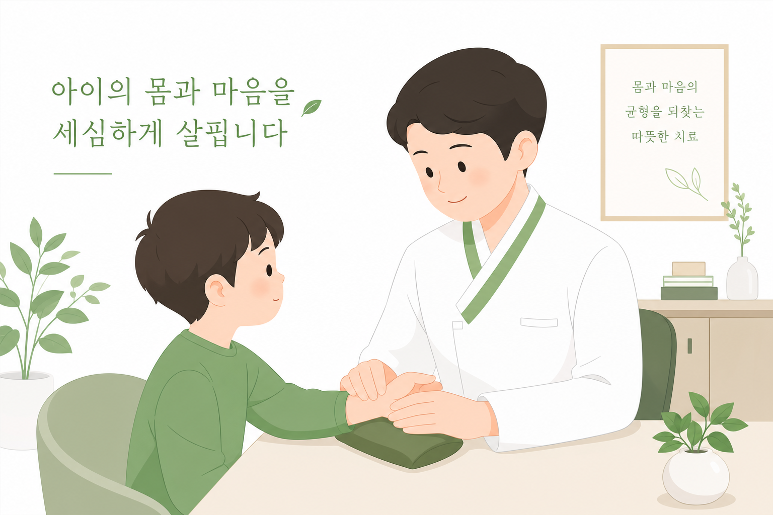 한의원 진료실에서 아이의 상태를 부드럽게 살펴보는 한의사와 아이의 모습 (과도한 시술 묘사 없이 상담·진맥 정도의 은은한 이미지) 아이 입 짧음 키 성장 이미지