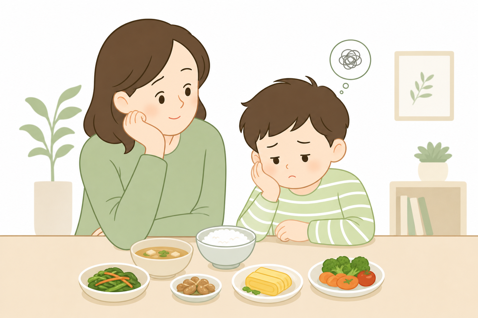 밥상 앞에서 골고루 먹지 않고 고민하는 표정의 아이와 옆에서 지켜보는 부모의 따뜻한 일러스트 아이 입 짧음 키 성장 이미지