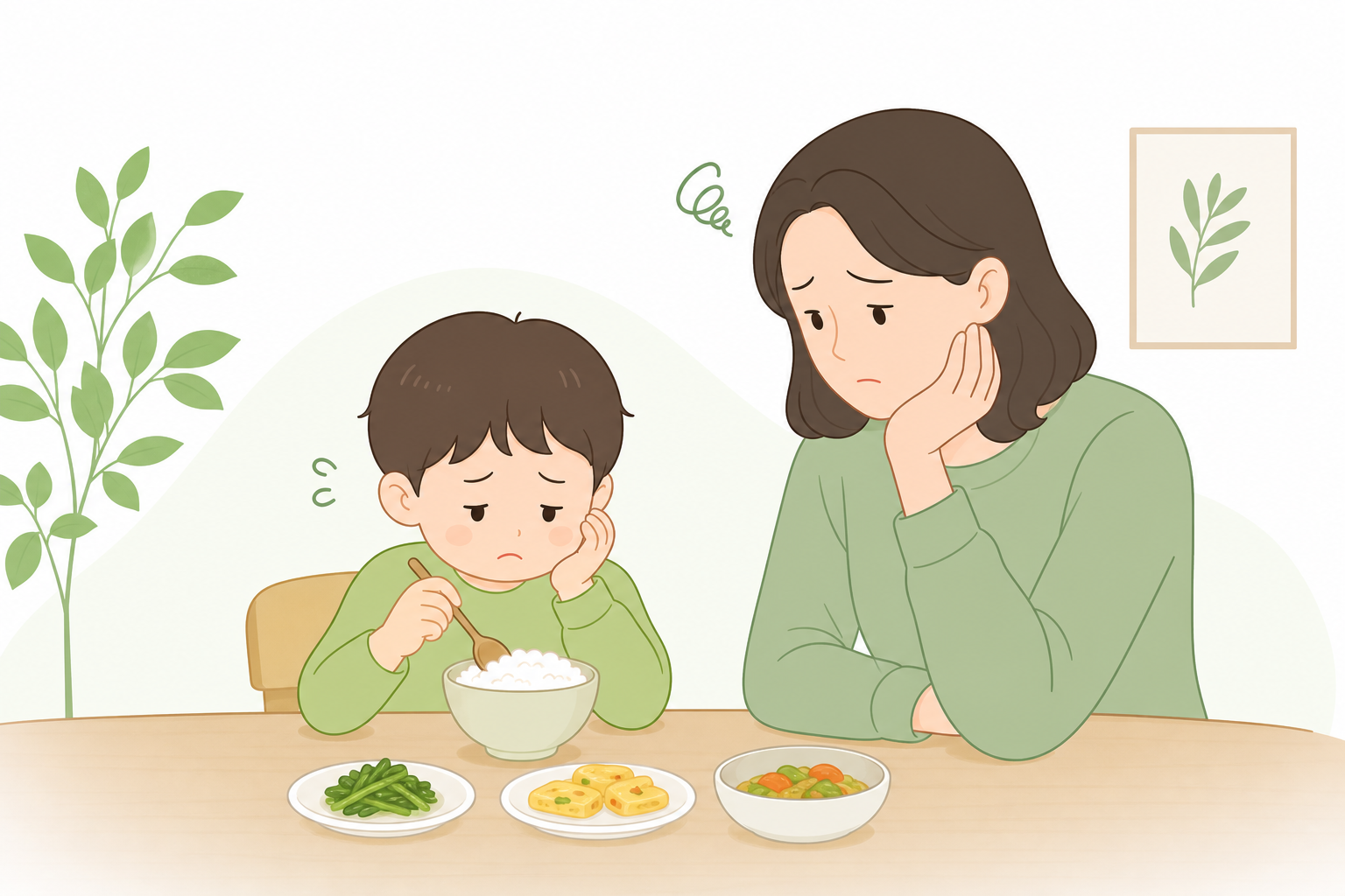 식탁에서 밥을 깨작거리며 먹는 아이와 그 모습을 걱정스럽게 바라보는 엄마의 모습 아이 입 짧음 키 성장 이미지
