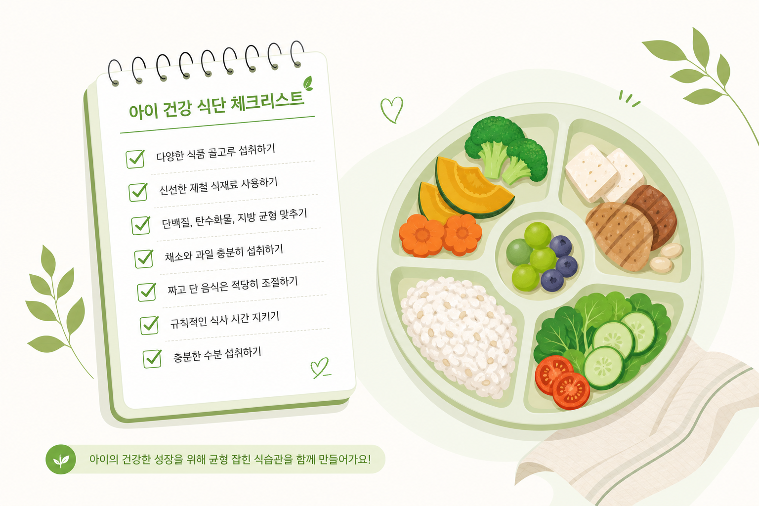체크리스트 메모와 균형 잡힌 아이 식판 이미지 아이 입 짧음 키 성장 이미지