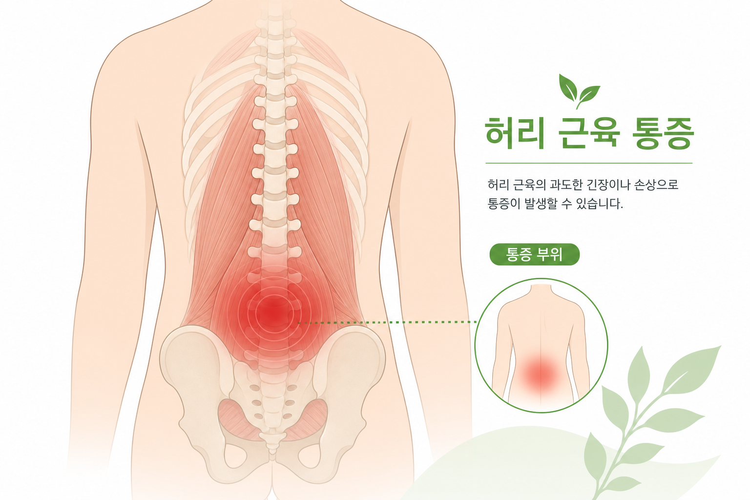 장거리 운전 허리 통증, 디스크일까요? 단순 근육통과의 차이 허리 근육 부위를 강조한 해부학적 스타일의 심플 일러스트, 통증 부위가 허리 국소에 표시된 이미지 운전 허리 통증 이미지