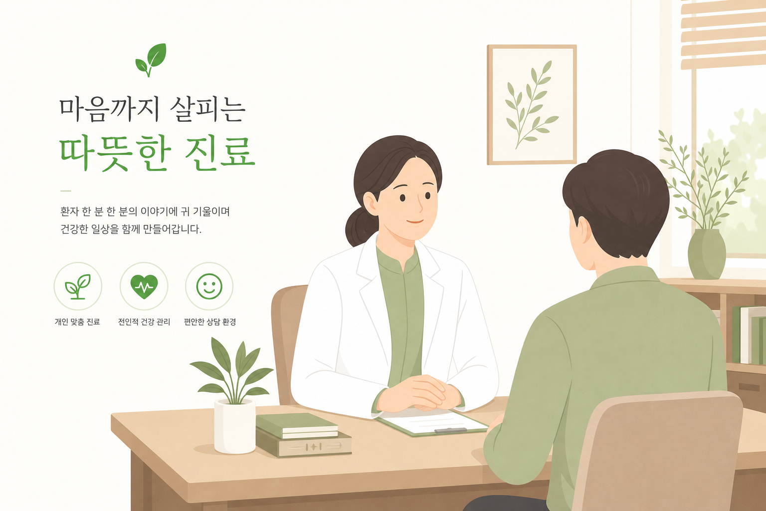 아이 안다가 삐끗한 허리, 허리 삐끗 디스크일까요? 구별법 정리 한의원 진료실에서 성인이 편안하게 상담받는 모습 허리 삐끗 디스크 이미지
