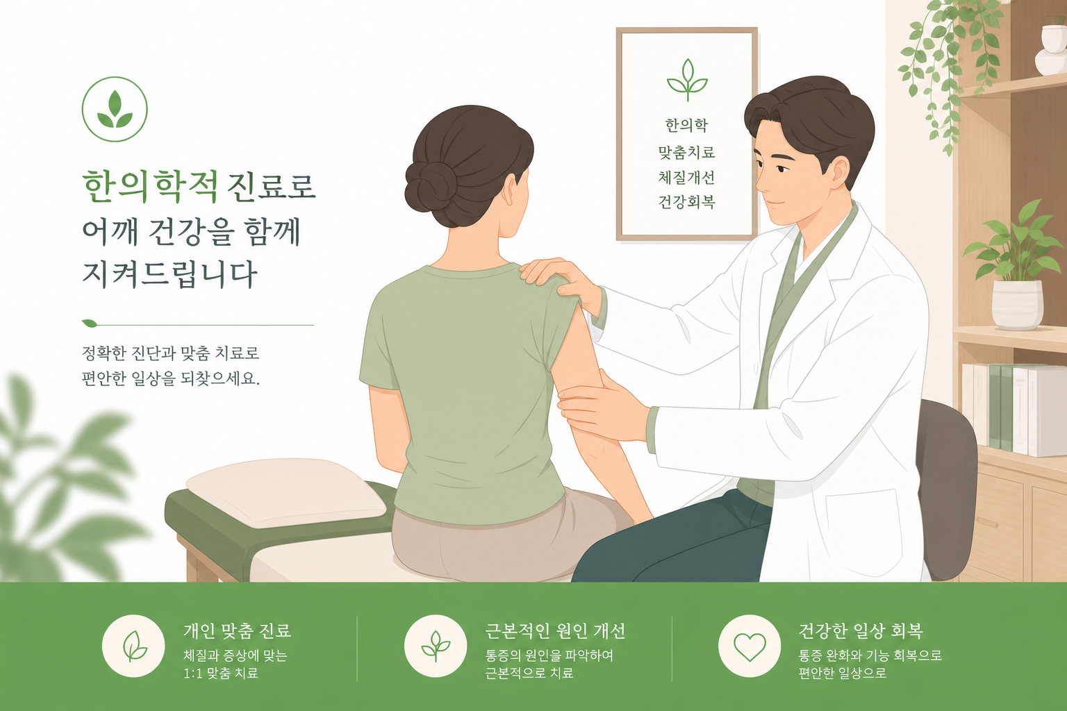 한의원 진료실에서 어깨를 진찰받는 모습, 차분하고 신뢰감 있는 분위기 회전근개 파열 자연치유 이미지