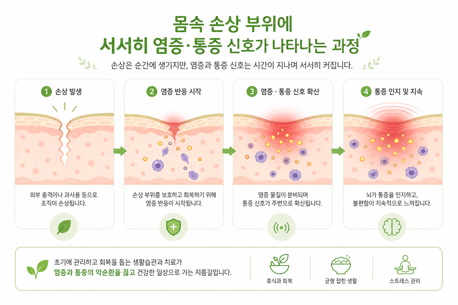 교통사고 합의 시기, 병원은 얼마나 다녀야 할까요? 몸속 손상 부위에 서서히 염증·통증 신호가 나타나는 과정을 은유적으로 표현한 일러스트 교통사고 합의 시기 이미지