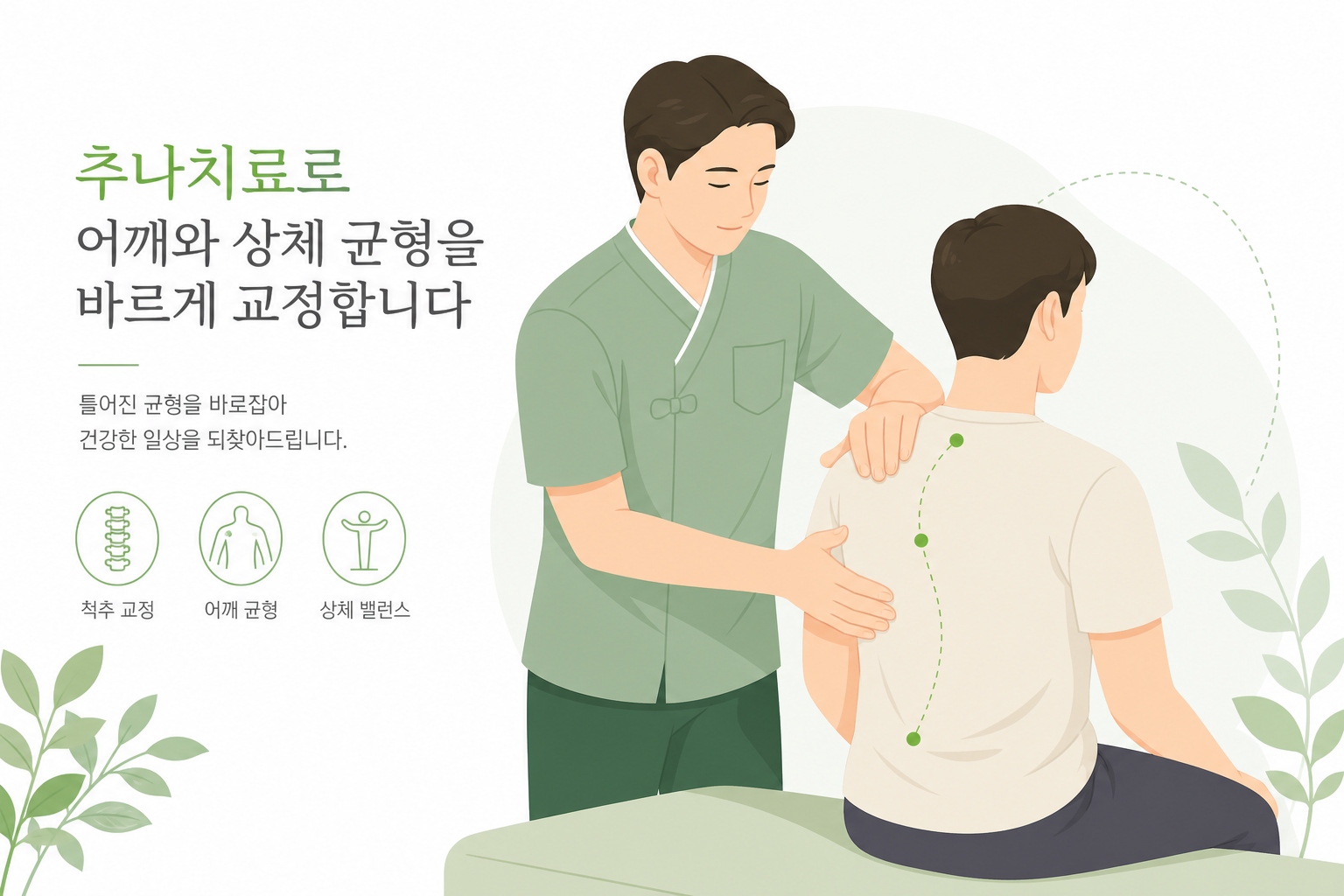 어깨 석회성건염 한의원 치료, 침·추나가 도움이 될까요? 추나 치료사가 환자의 어깨와 상체 균형을 부드럽게 교정하는 모습을 표현한 일러스트 어깨 석회성건염 한의원 치료 이미지